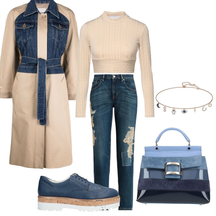 Outfit donna - Total look #1423710. Stile Casual chic per Tutti i giorni. Abbinamento con scarpe stringate, top, borse a mano, trench, jeans, orecchini.