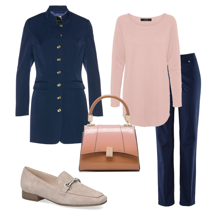 Outfit donna - Giacca e maglia lunghe. Stile Casual per Ufficio. Abbinamento con pantaloni sportivi, blazer, pullovers, borse a mano, mocassini.