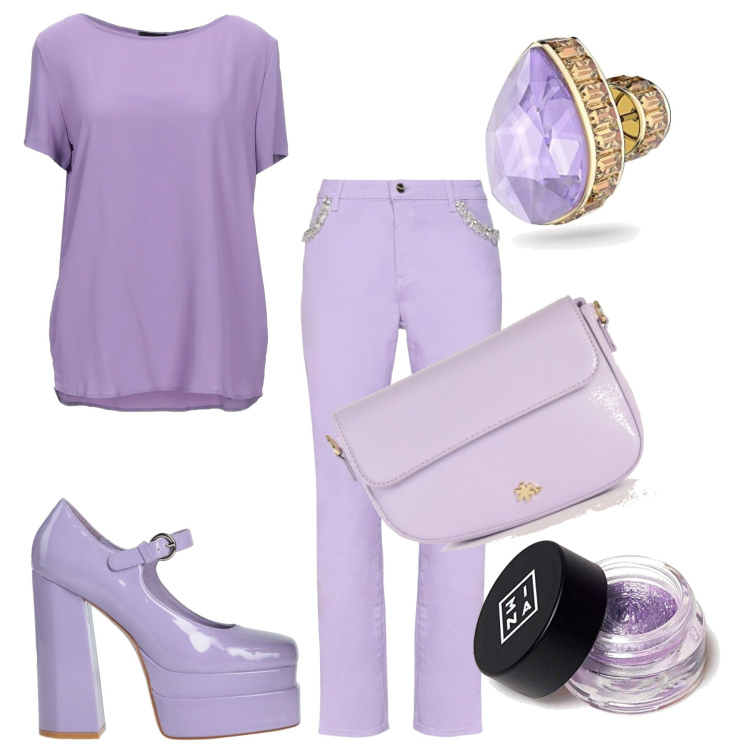 Outfit donna - Lilla. Stile Chic per Ufficio. Abbinamento con décolleté, bluse, pantaloni, borse a tracolla, orecchini, ombretti.