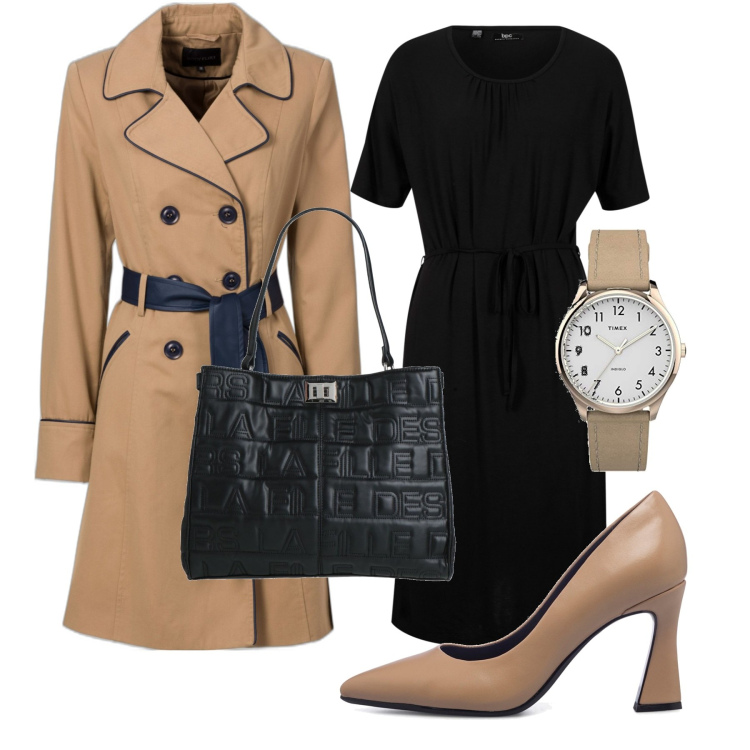 Outfit donna - Al lavoro. Stile Bon Ton per Ufficio. Abbinamento con trench, vestiti midi/longuette, borse a mano, décolleté, orologi.