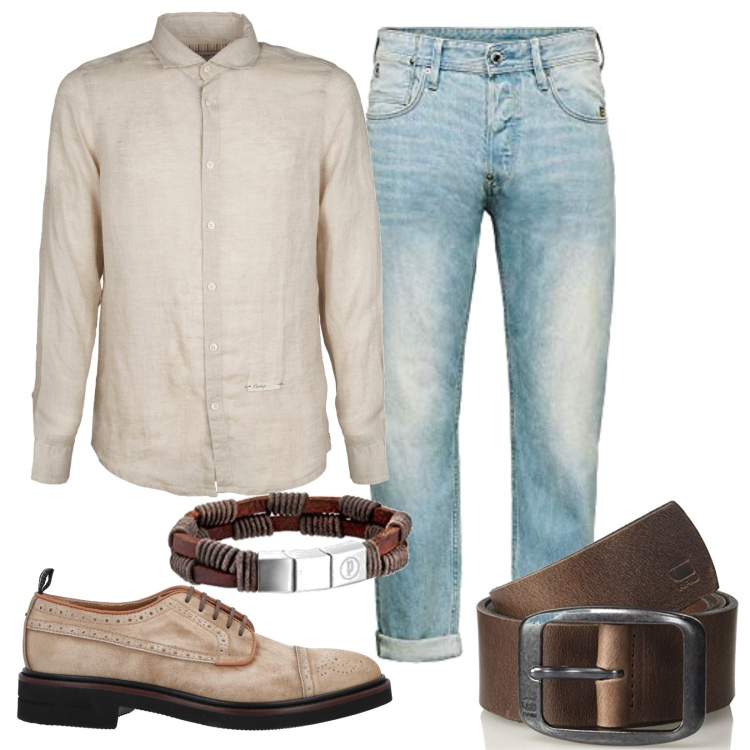 Outfit uomo - Super fresh. Stile Casual per Tutti i giorni. Abbinamento con camicie, scarpe stringate, jeans, cinture, braccialetti.