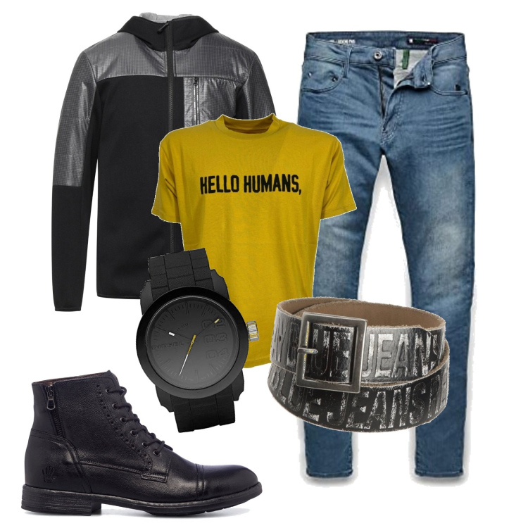 Outfit uomo - Domenica su due ruote. Stile Biker Rock per Tutti i giorni. Abbinamento con t-shirt, anfibi, giacche, jeans skinny, cinture, orologi.