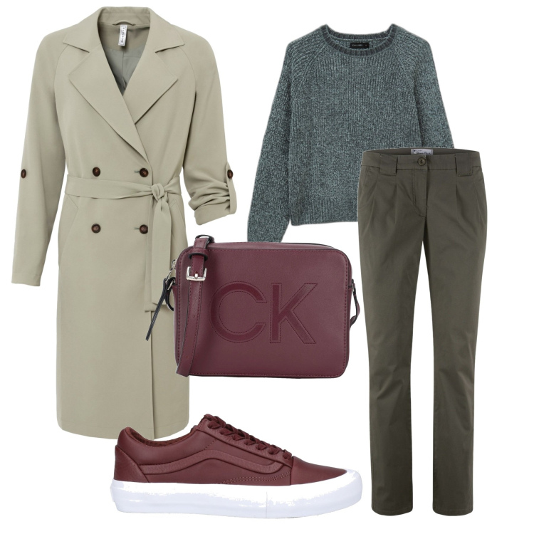 Outfit donna - Il trench verde chiaro. Stile Basic per Scuola/Università. Abbinamento con pantaloni chino, trench, sneakers, borse a tracolla, maglieria.