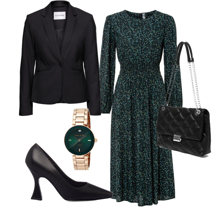 Outfit donna - Bon ton in ufficio. Stile Bon Ton per Ufficio. Abbinamento con vestiti midi/longuette, blazer, borse a spalla, décolleté, orologi.
