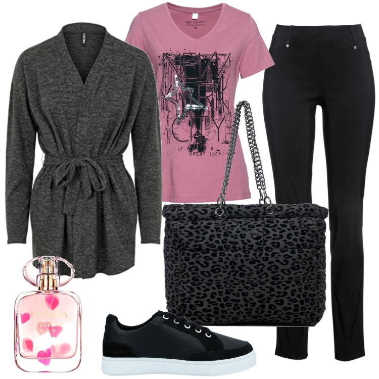 Outfit donna - NYC. Stile Basic per Scuola/Università. Abbinamento con pantaloni, t-shirt, sneakers, borse a spalla, cardigans, profumi.