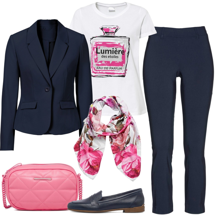 Outfit donna - Blazer e simpatica t-shirt. Stile Casual chic per Ufficio. Abbinamento con blazer, pantaloni, maglieria, mocassini, borse a tracolla, sciarpe.