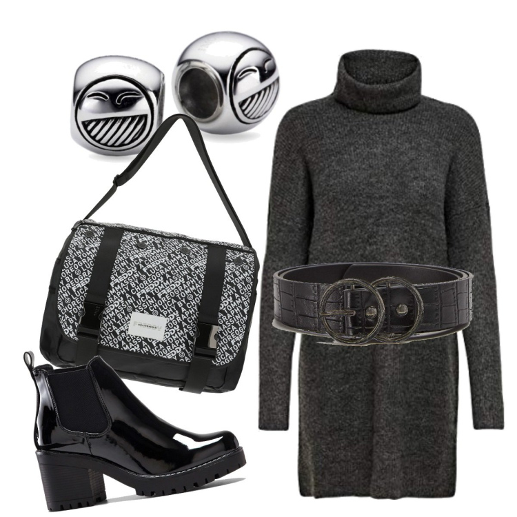 Outfit donna - Grigio e nero basic. Stile Basic per Tutti i giorni. Abbinamento con stivaletti, cinture, borse a tracolla, vestiti lunghi, ciondoli.