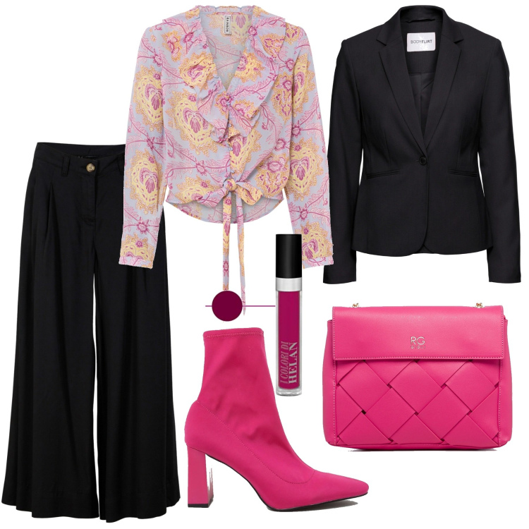 Outfit donna - Meeting di lavoro informale. Stile Romantica per Ufficio. Abbinamento con blazer, pantaloni capri, bluse, scarpe col tacco, borse a tracolla, rossetti.