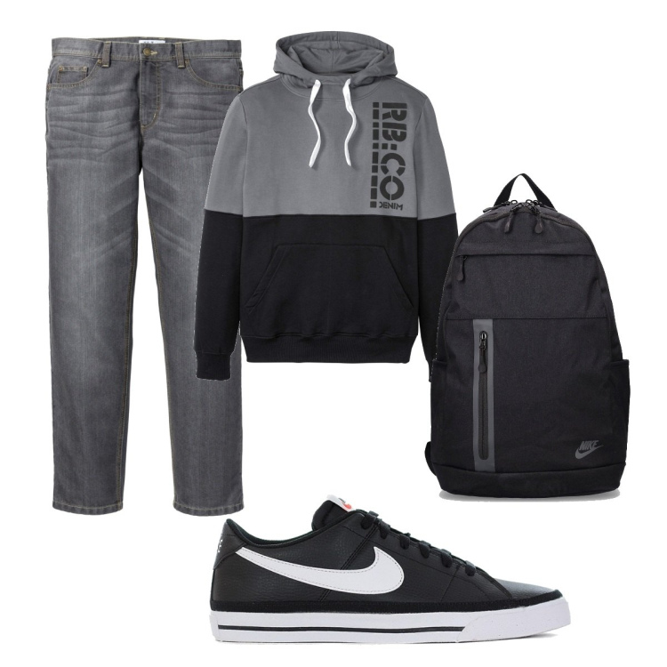 Outfit uomo - Lunedì a scuola. Stile Casual per Tutti i giorni. Abbinamento con jeans dritti, felpe con cappuccio, sneakers, borse sportive.