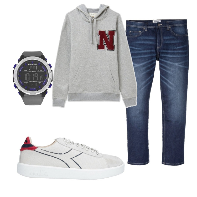 Outfit uomo - Casual #17867. Stile Casual per Tutti i giorni. Abbinamento con jeans dritti, sneakers, felpe con cappuccio, orologi digitali.