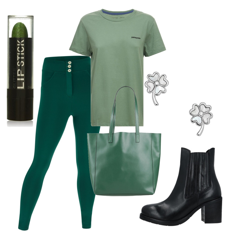 Outfit donna - Verde military e quadrifogli. Stile Casual chic per Ufficio. Abbinamento con stivaletti, borse a spalla, pantaloni skinny, rossetti, orecchini, t-shirt.