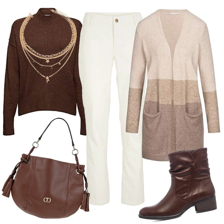 Outfit donna - L\'autunno ci veste di lana. Stile Casual per Tutti i giorni. Abbinamento con maglieria, borse a mano, ciondoli, stivaletti, cardigans, maglieria.
