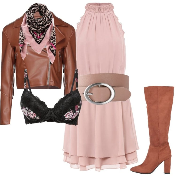 Outfit donna - Abito Con scollo all\'americana. Stile Trendy per Scuola/Università. Abbinamento con foulard, vestiti, cinture, reggiseni, stivali, giacche.