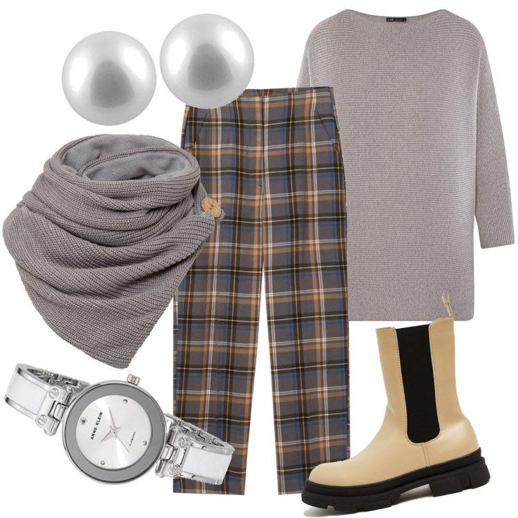 Outfit donna - Confortevole. Stile Basic per Tutti i giorni. Abbinamento con foulard, pantaloni capri, stivali, maglieria, orologi, orecchini.