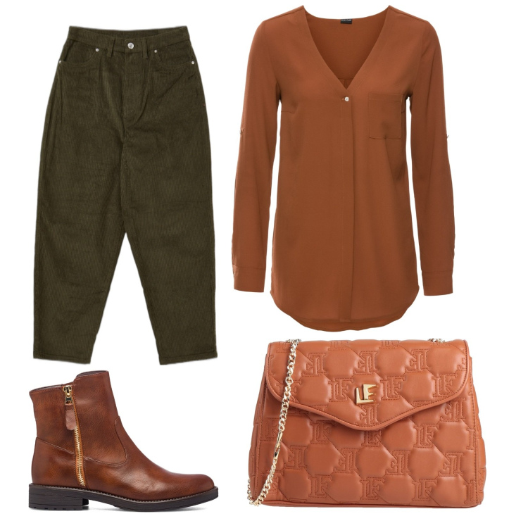 Outfit donna - A mio agio in autunno. Stile Basic per Tutti i giorni. Abbinamento con camicie, borse a tracolla, pantaloni, stivaletti.