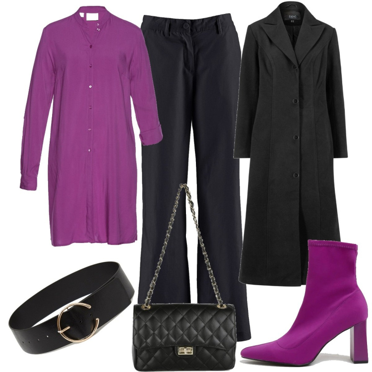 Outfit donna - Nero & fucsia. Stile Casual chic per Tutti i giorni. Abbinamento con pantaloni, camicie, cappotti, borse a tracolla, scarpe col tacco, cinture.
