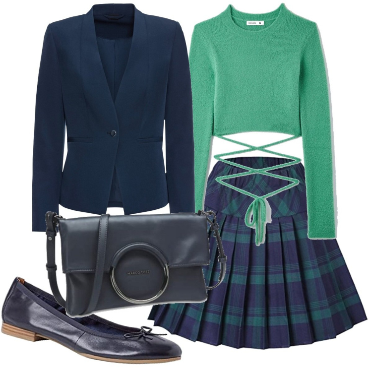 Outfit donna - Blu e verde preppy. Stile Preppy per Tutti i giorni. Abbinamento con blazer, maglieria, gonne, borse a spalla, ballerine.