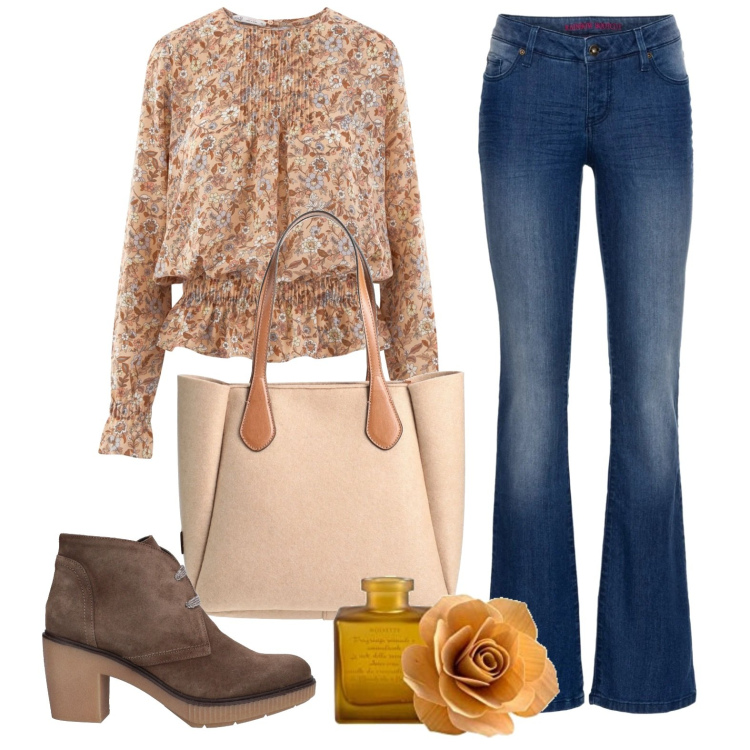 Outfit donna - Flowers. Stile Basic per Ufficio. Abbinamento con jeans bootcut, stivaletti, borse a mano, camicie, profumi.