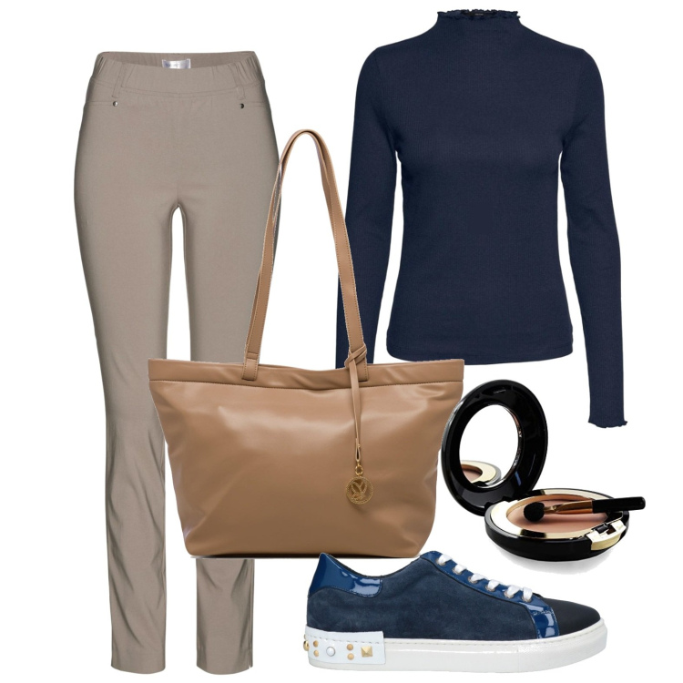 Outfit donna - Blu aegean. Stile Basic per Ufficio. Abbinamento con pantaloni, sneakers, top, borse a spalla, ombretti.