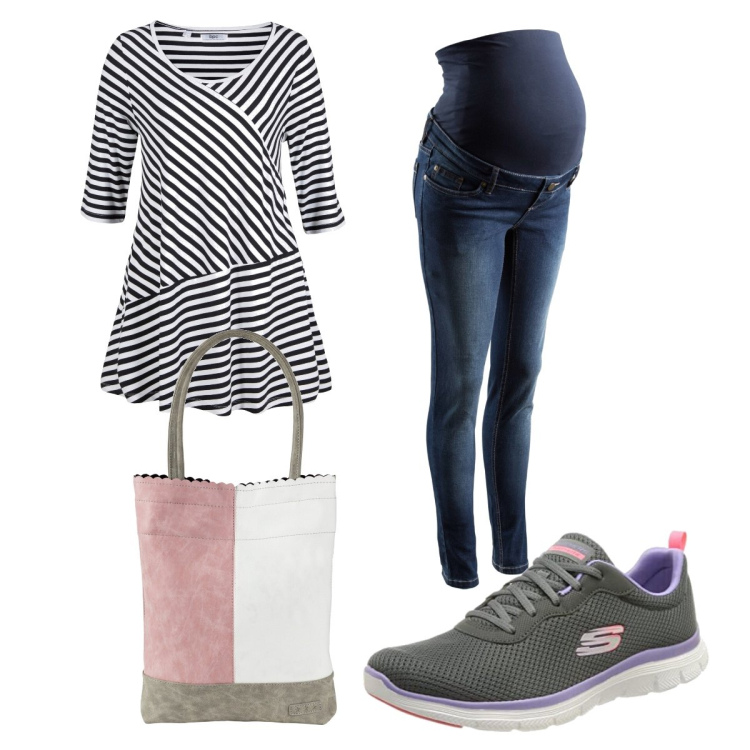 Outfit donna - Total look #1424728. Stile Trendy per Tutti i giorni. look ideale per Premaman. Abbinamento con jeans skinny, maglieria, shopping bag, sneakers.