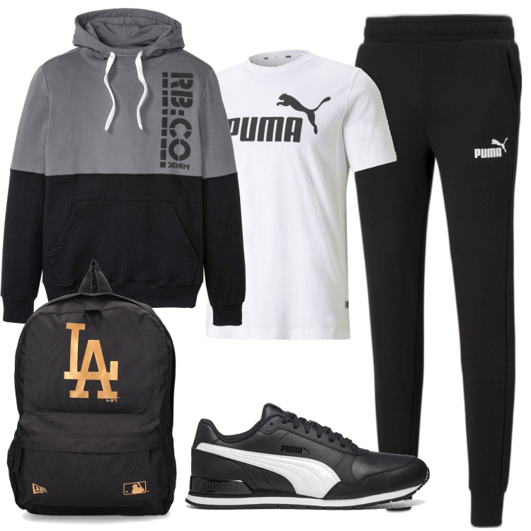 Outfit uomo - Comodo per le lezioni. Stile Urban per Tutti i giorni. Abbinamento con felpe con cappuccio, pantaloni, sneakers, t-shirt, borse sportive.