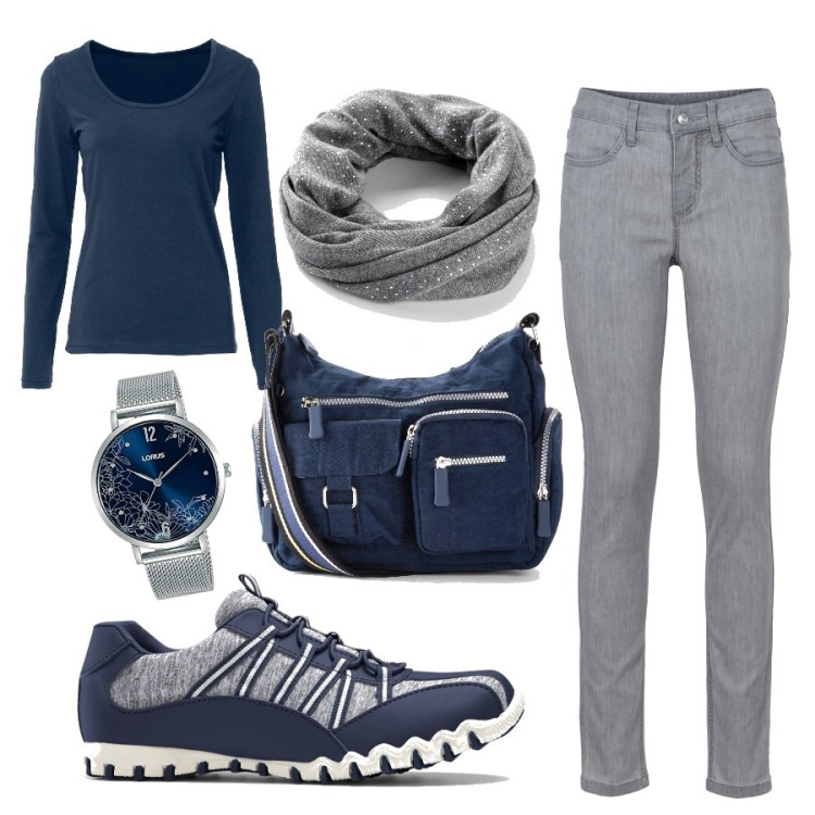 Outfit donna - Total look #1425022. Stile Basic per Tutti i giorni. Abbinamento con t-shirt sportive, jeans skinny, borse a tracolla, sneakers, foulard, orologi analogici.
