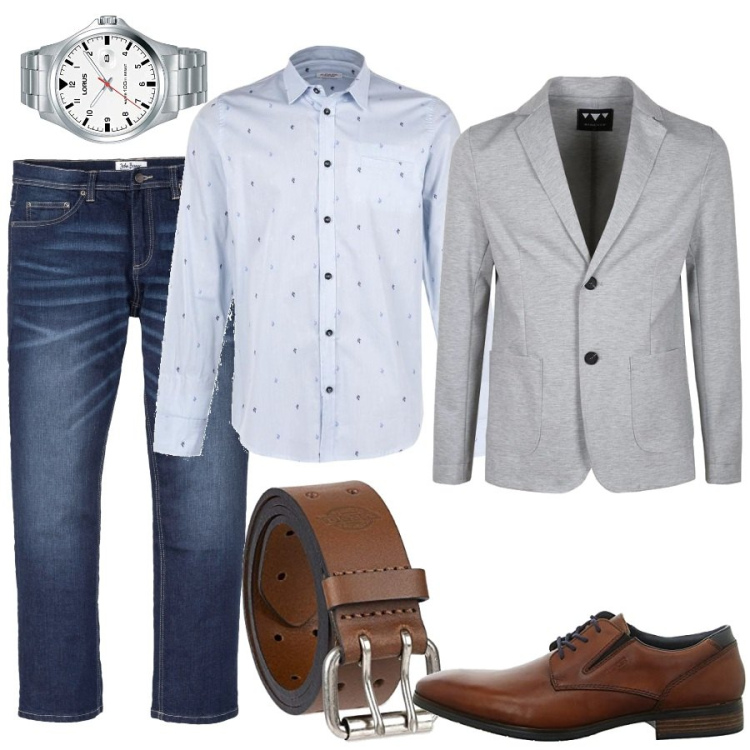 Outfit uomo - Total look #1425060. Stile Casual per Ufficio. Abbinamento con jeans dritti, camicie, giacche, scarpe stringate, cinture, orologi analogici.