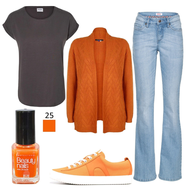 Outfit donna - Urban #7271. Stile Urban per Tutti i giorni. Abbinamento con jeans bootcut, cardigans, sneakers, t-shirt, smalti.