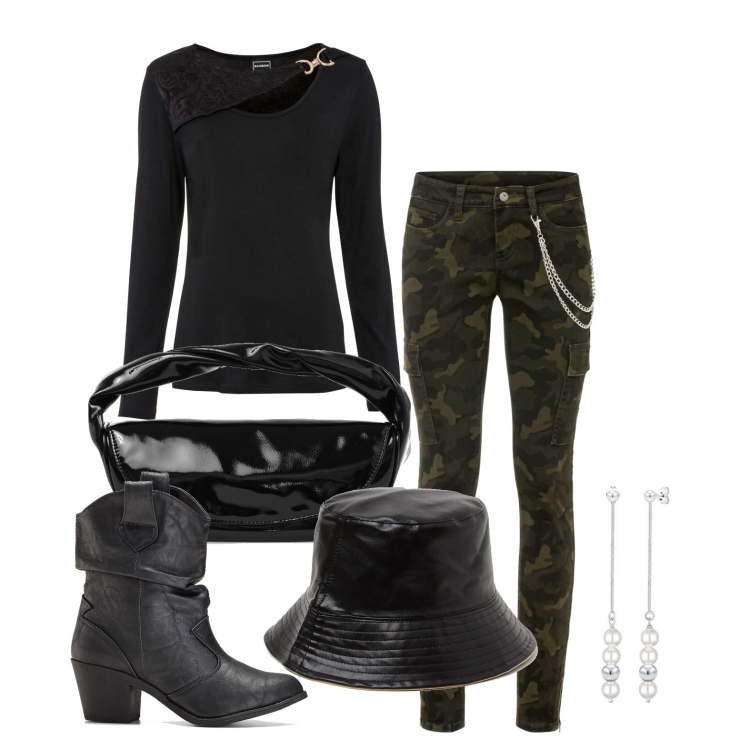 Outfit donna - Una presa di posizione. Stile Casual per Tutti i giorni. Abbinamento con stivaletti texani, pantaloni cargo, maglieria, pochette, cappelli con visiera, orecchini.