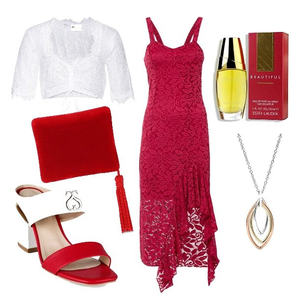 Outfit donna - Serata in rosso. Stile Sexy per Serata fuori. Abbinamento con camicie, vestiti, sabot, collane, profumi, pochette.