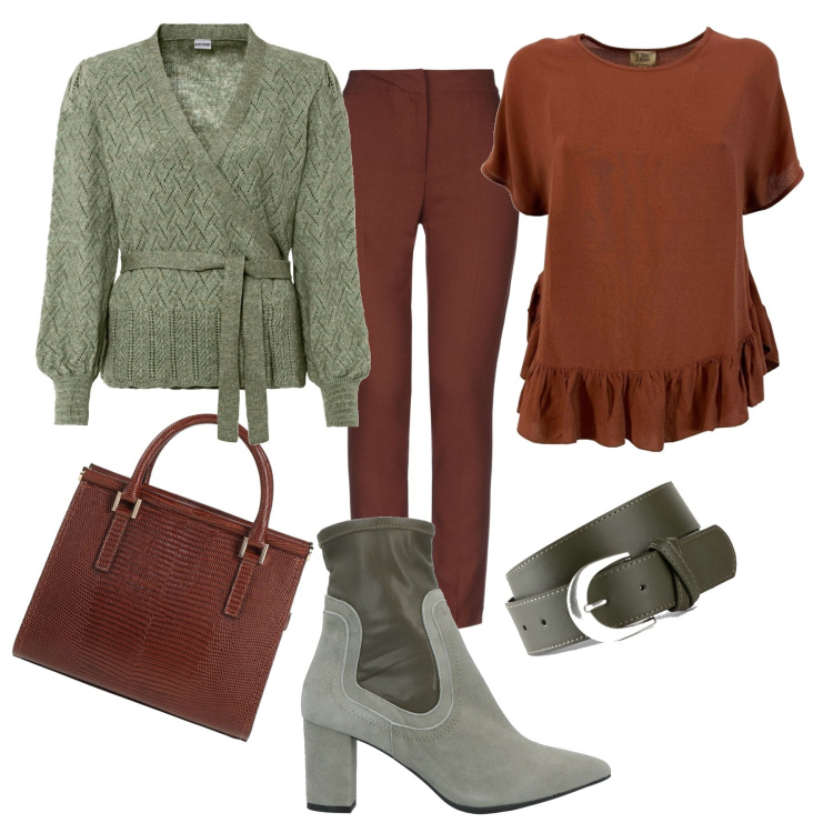 Outfit donna - Cadono le foglie. Stile Casual chic per Tutti i giorni. Abbinamento con maglieria, cinture, pantaloni, stivaletti, borse a mano, bluse.