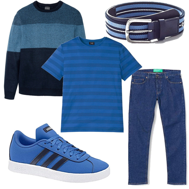 Outfit uomo - Righe. Stile Casual per Tutti i giorni. Abbinamento con maglieria, t-shirt, cinture, pantaloni, sneakers.