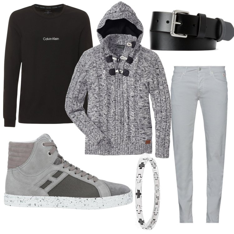 Outfit uomo - Il maglione con il cappuccio. Stile Trendy per Tutti i giorni. Abbinamento con maglieria, pantaloni, sneakers, cinture, braccialetti, t-shirt.