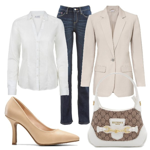 Outfit donna - Total look #1425558. Stile Casual chic per Ufficio. Abbinamento con jeans dritti, camicie, blazer, décolleté, borse a mano.