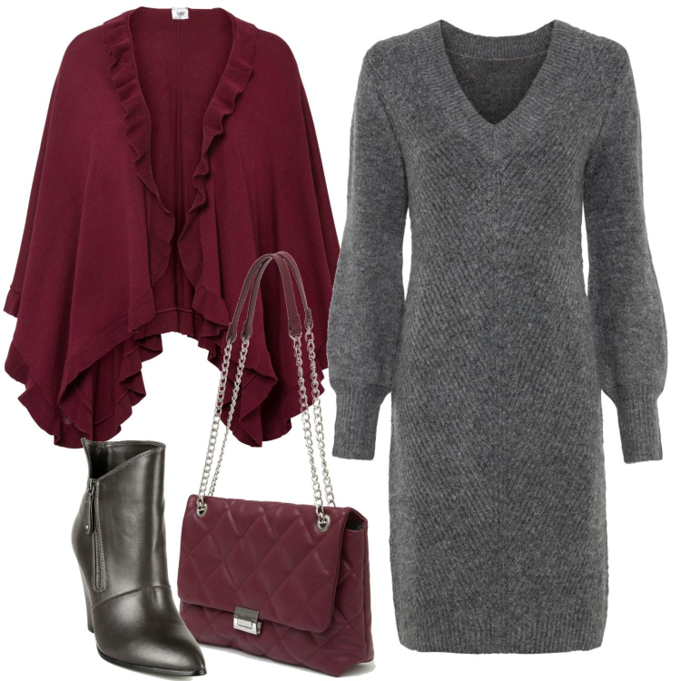 Outfit donna - Sotto un buon tepore. Stile Basic per Ufficio. Abbinamento con vestiti, cappotti, stivaletti, borse a spalla.