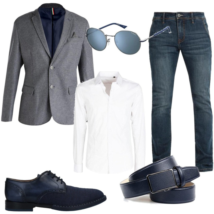 Outfit uomo - In aeroporto. Stile Casual per Ufficio. Abbinamento con giacche, camicie, jeans, scarpe stringate, occhiali da sole, cinture.