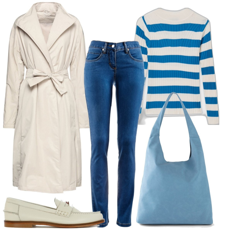 Outfit donna - Jeans e maglia a righe. Stile Casual chic per Tutti i giorni. Abbinamento con jeans dritti, shopping bag, cappotti, mocassini, maglieria.