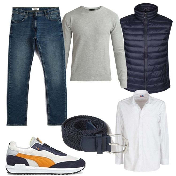 Outfit uomo - Autunno frizzante. Stile Casual per Tutti i giorni. Abbinamento con pullovers, camicie, piumini, cinture, jeans, sneakers.