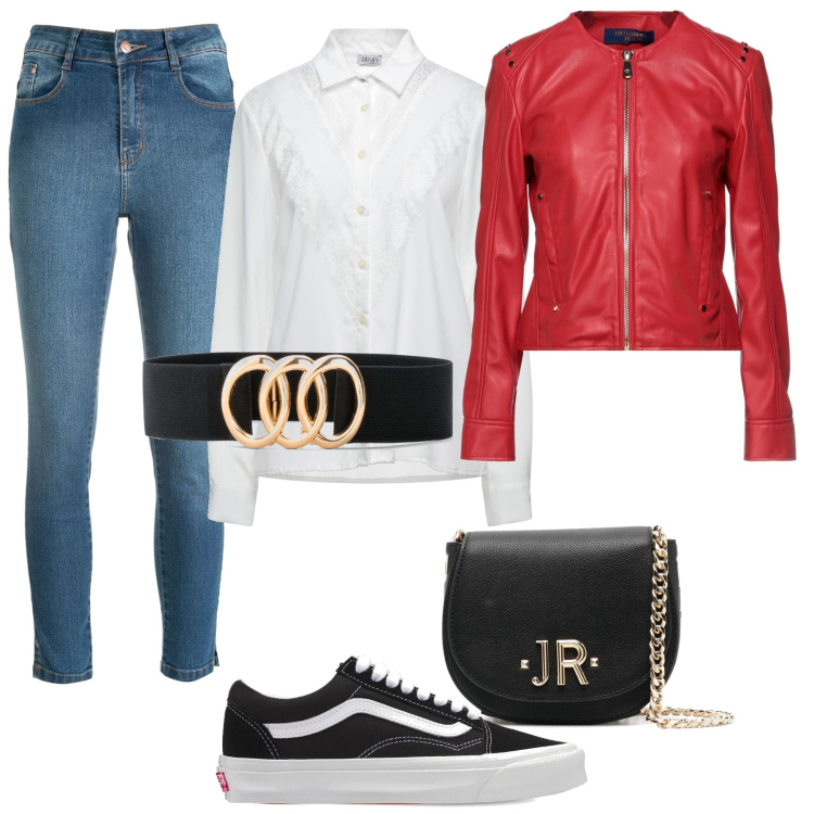 Outfit donna - Giacca rossa. Stile Urban per Tutti i giorni. Abbinamento con cinture, giacche, camicie, borse a spalla, jeans skinny, sneakers.