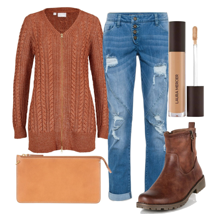 Outfit donna - Basic autunnale. Stile Basic per Tutti i giorni. Abbinamento con jeans boyfriend, maglieria, pochette, stivaletti, correttori.