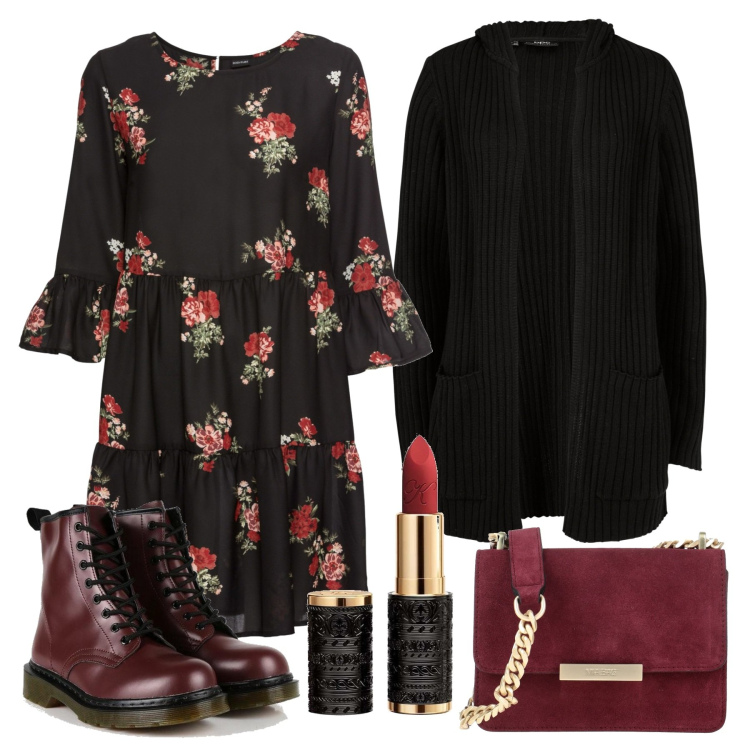 Outfit donna - Rosso e nero. Stile Trendy per Serata fuori. Abbinamento con cardigans, vestiti, borse a tracolla, anfibi, rossetti.