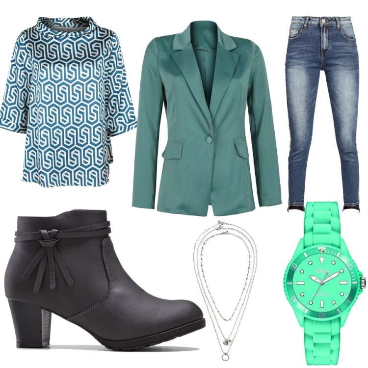 Outfit donna - Total look #1425894. Stile Casual per Ufficio. Abbinamento con stivaletti, collane, bluse, blazer, jeans slim fit, orologi.
