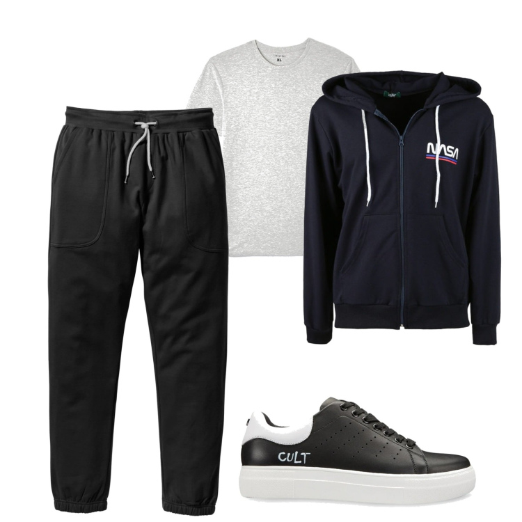 Outfit uomo - Comfy casual. Stile Casual per Tutti i giorni. Abbinamento con pantaloni sportivi, t-shirt, felpe con cappuccio, sneakers.
