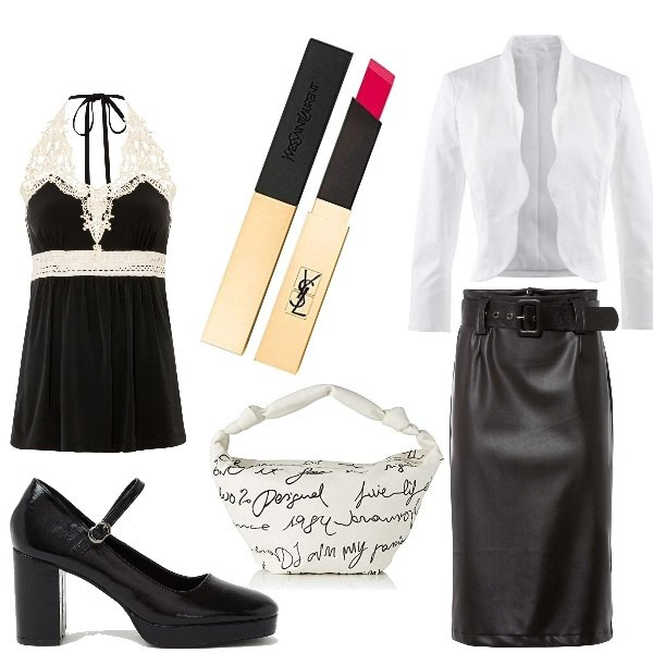 Outfit donna - Sensuale ma non troppo. Stile Sexy per Cerimonia. Abbinamento con blazer, top, gonne longuette, scarpe col tacco, borse a tracolla, rossetti.