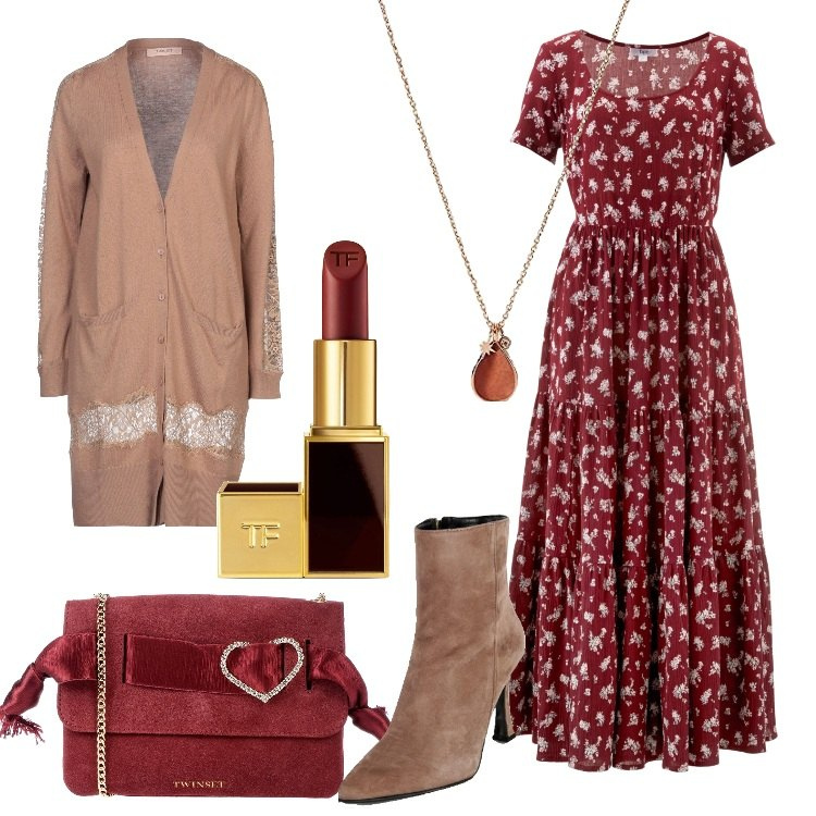 Outfit donna - Fiori e inserti in pizzo. Stile Romantica per Serata fuori. Abbinamento con vestiti lunghi, borse a tracolla, cardigans, stivaletti, rossetti, ciondoli.