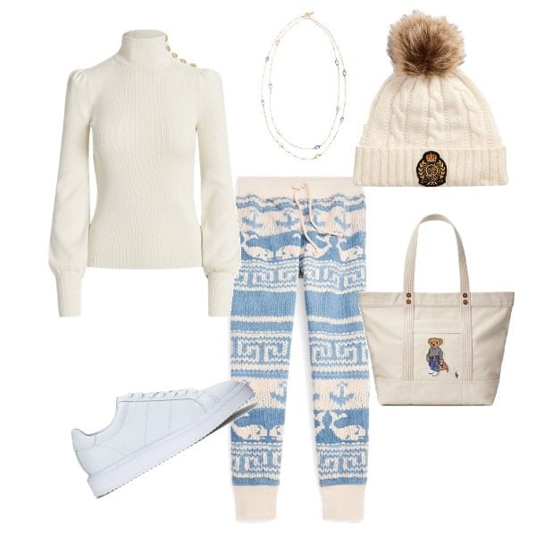 Outfit donna - Sportiva con stile. Stile Sporty chic per Tutti i giorni. Abbinamento con pantaloni, borse tote, berretti, sneakers, collane, maglieria.