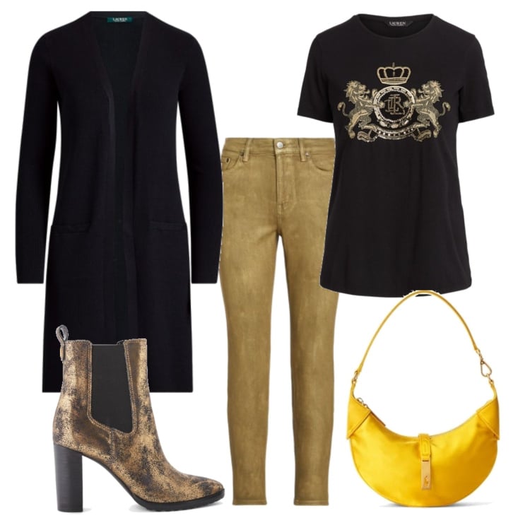 Outfit donna - Un peu d\'or pour Ralph Laurent. Stile Casual per Tutti i giorni. Abbinamento con cardigans, t-shirt, jeans skinny, stivaletti chelsea, borse a spalla.
