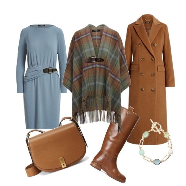 Outfit donna - Azzurro e caramello. Stile Bon Ton per Tutti i giorni. Abbinamento con vestiti, cappotti, cappotti, stivali, braccialetti, borse a spalla.