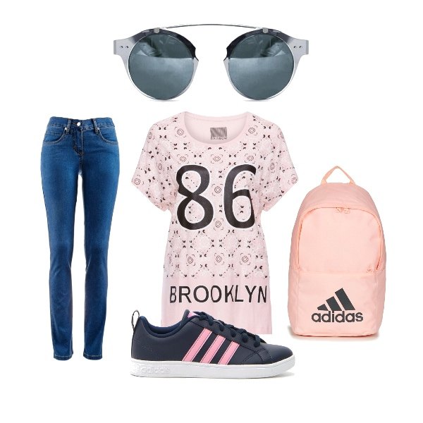 Outfit donna - Got Too Brooklyn. Stile Basic per Tutti i giorni. Abbinamento con jeans dritti, maglia con stampa rosa, zaino rosa, occhiali da sole, sneakers.