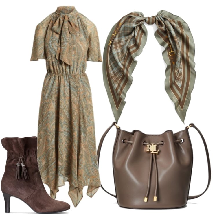 Outfit donna - Lo stile nei dettagli. Stile Chic per Ufficio. Abbinamento con stivaletti, borse a secchiello, vestiti, sciarpe.